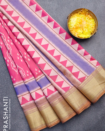 Semi tussar saree pink and sandal with allover ikat butta weaves and zari woven border