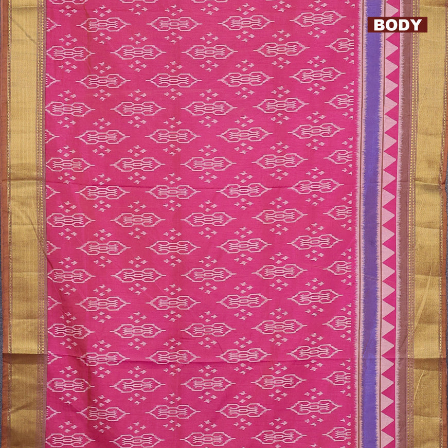 Semi tussar saree pink and sandal with allover ikat butta weaves and zari woven border