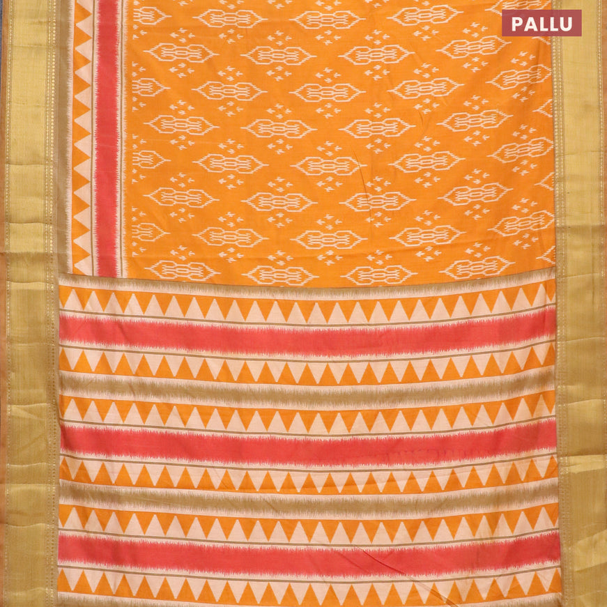 Semi tussar saree mustard yellow and sandal with allover ikat butta weaves and zari woven border