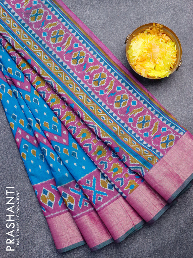 Semi tussar saree teal blue and purple with allover ikat weaves and zari woven border