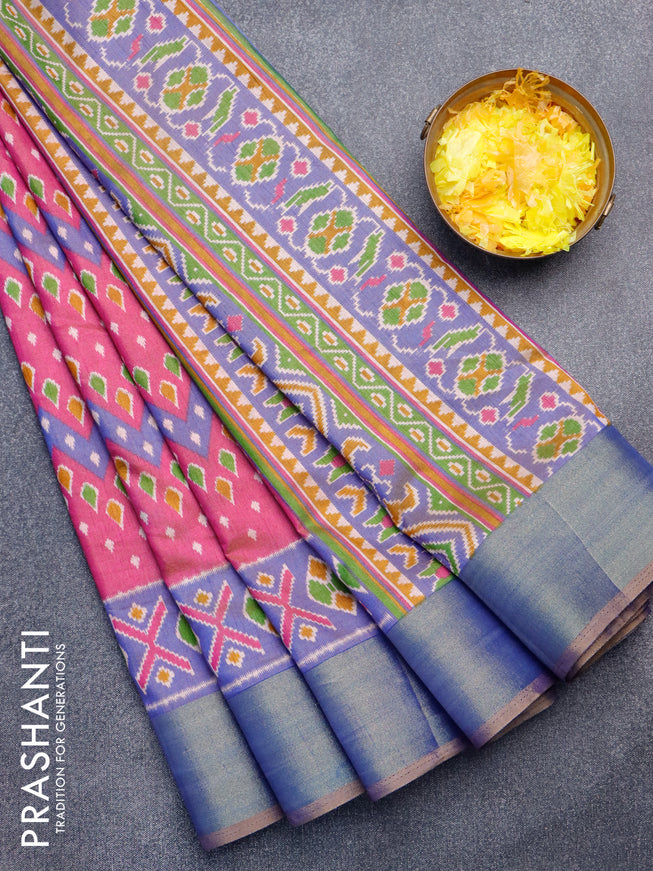 Semi tussar saree dual shade of pink and dual shade of blue with allover ikat weaves and zari woven border