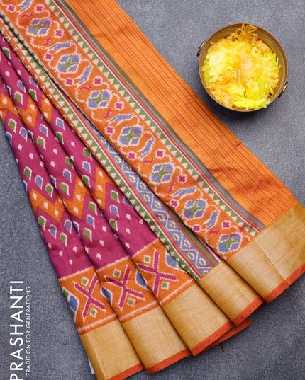 Semi tussar saree dark magenta and rust shade with allover ikat weaves and zari woven border