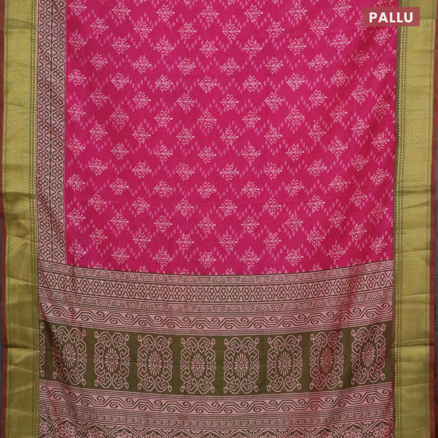 Semi tussar saree pink and dual shade of green with allover prints and zari woven border