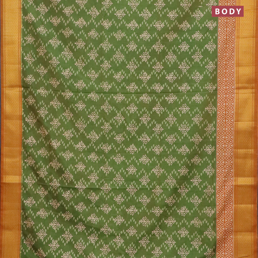 Semi tussar saree green shade and dark mustard with allover prints and zari woven border