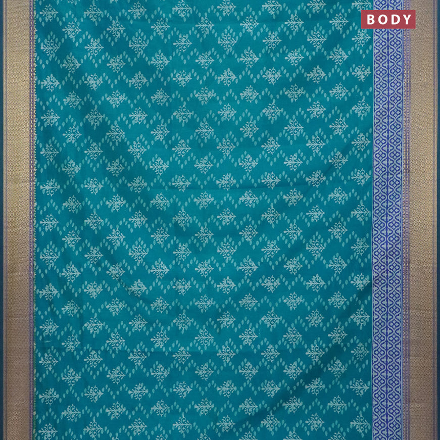 Semi tussar saree teal blue and blue with allover prints and zari woven border