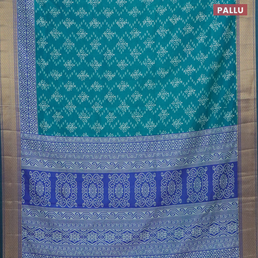 Semi tussar saree teal blue and blue with allover prints and zari woven border