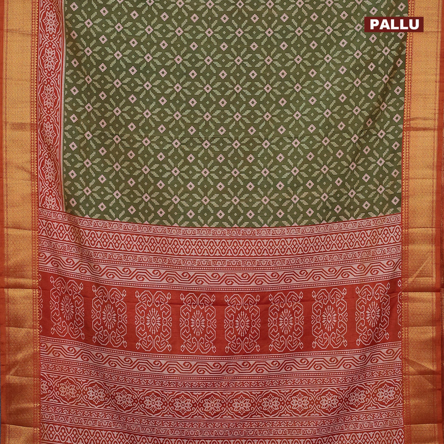 Semi tussar saree green shade and rust shade with allover ikat weaves and zari woven border