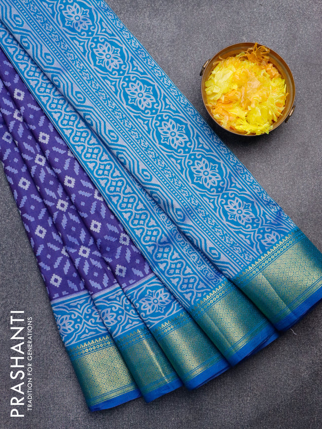 Semi tussar saree dark blue and teal blue with allover ikat weaves and zari woven border