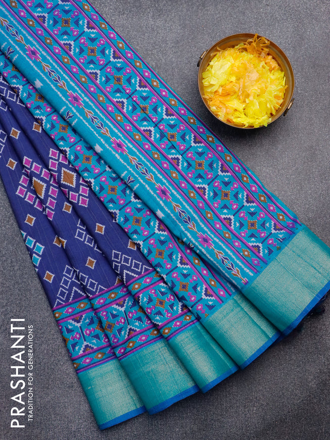 Semi tussar saree navy blue and dual shade of teal blue with allover ikat butta weaves and zari woven border