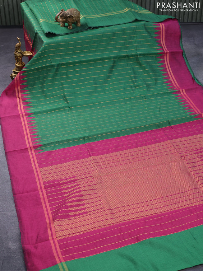Dupion silk saree green and magenta pink with allover zari weaves and temple design zari woven simple border