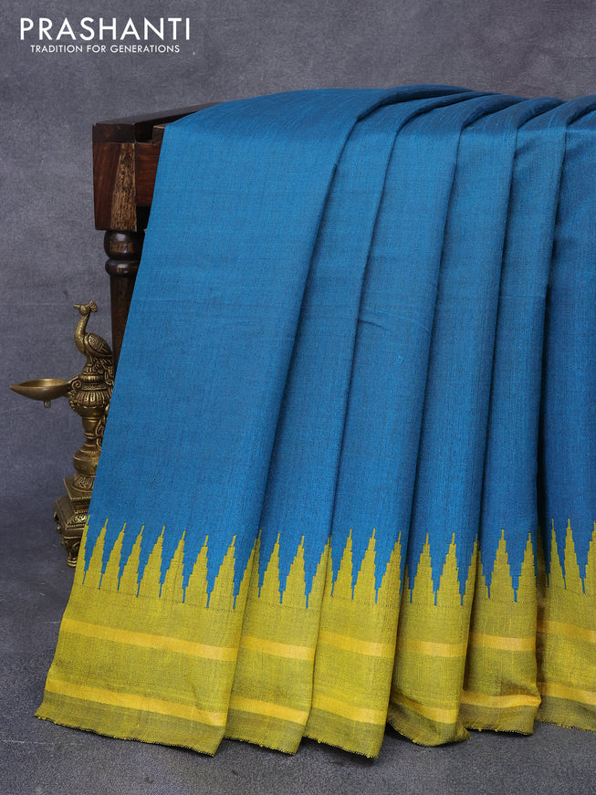 Dupion silk saree peacock green and lime yellow with plain body and temple design zari woven border