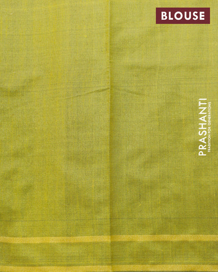 Dupion silk saree peacock green and lime yellow with plain body and temple design zari woven border
