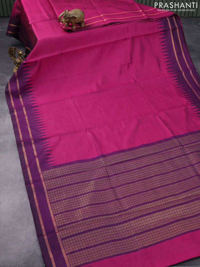 Dupion silk saree magenta pink and deep purple with plain body and temple design zari woven border
