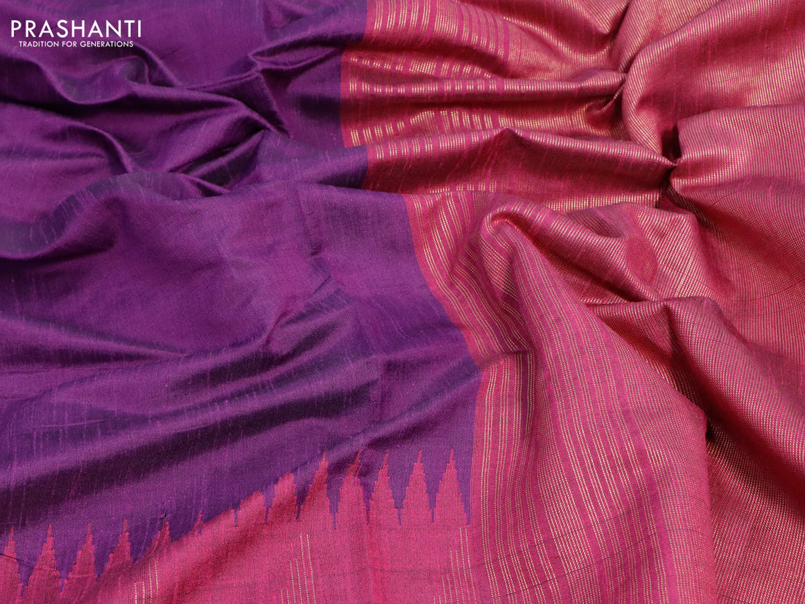 Dupion silk saree deep purple and magenta pink with allover zari weaves and temple design zari woven border