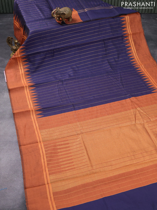 Dupion silk saree dark blue and orange with allover zari weaves and temple design zari woven simple border