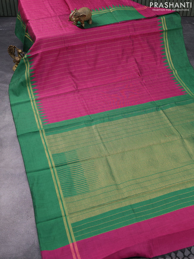 Dupion silk saree magenta pink and green with allover zari weaves and temple design zari woven simple border
