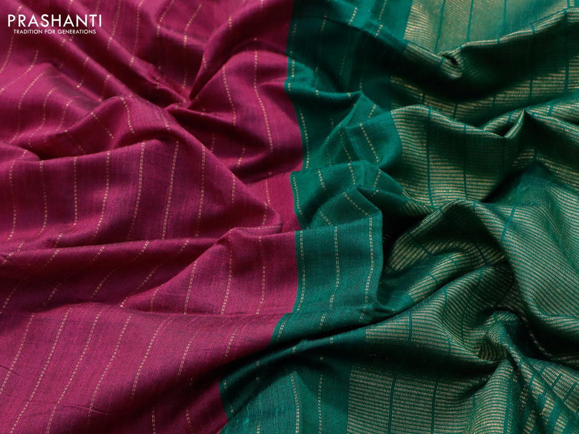 Dupion silk saree magenta pink and green with allover zari weaves and temple design zari woven simple border