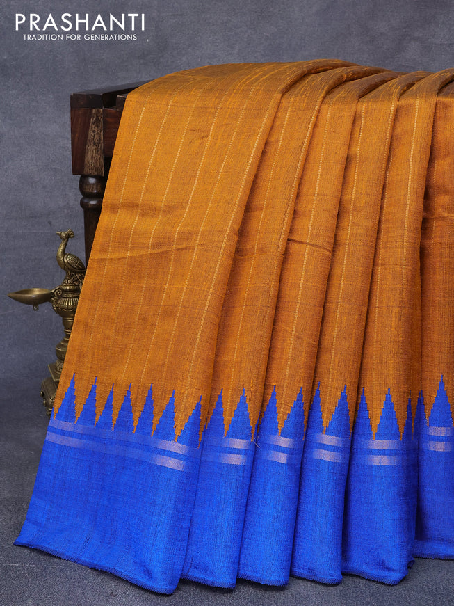 Dupion silk saree mustard yellow and blue with allover zari weaves and temple design zari woven simple border