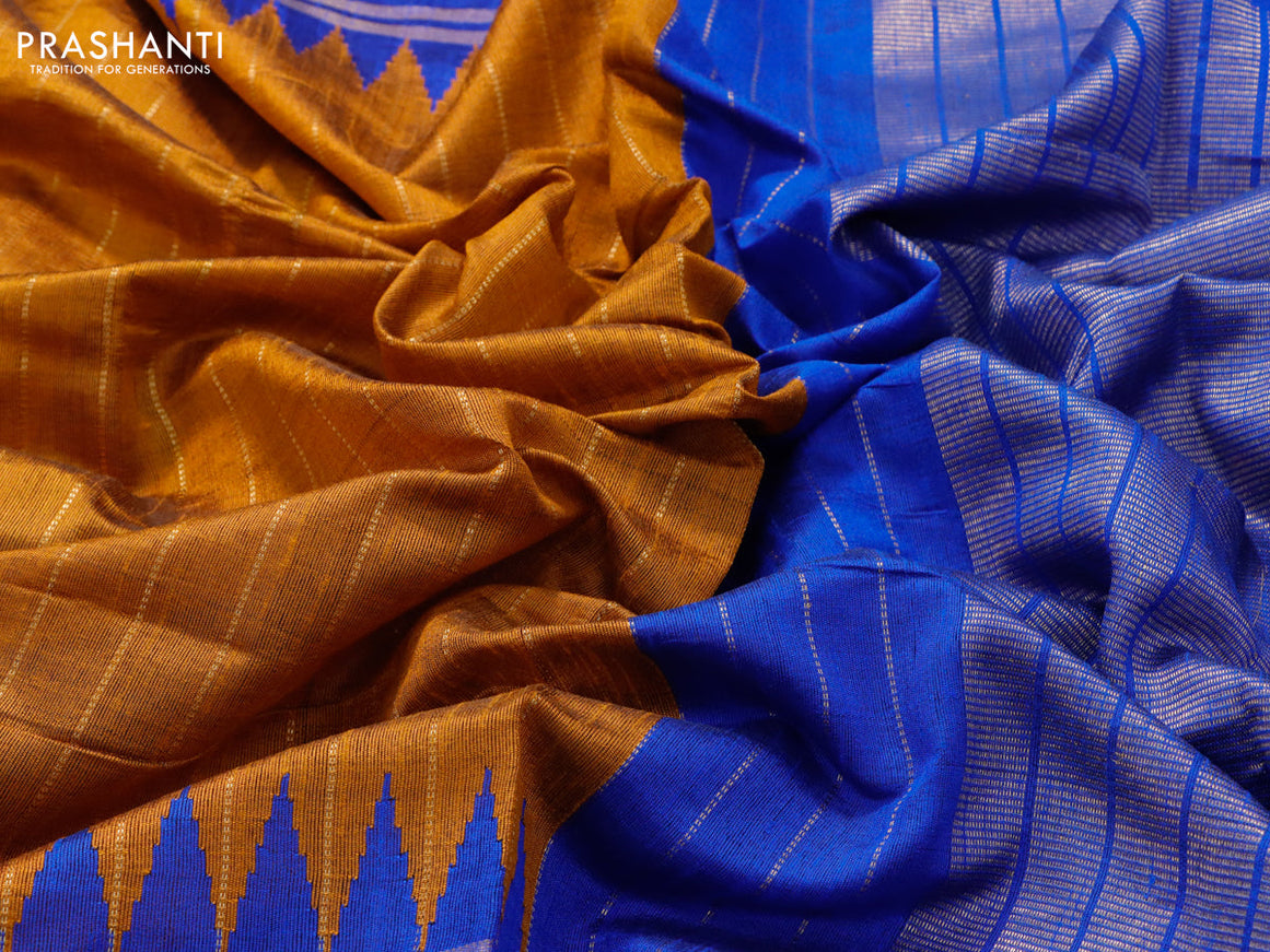 Dupion silk saree mustard yellow and blue with allover zari weaves and temple design zari woven simple border