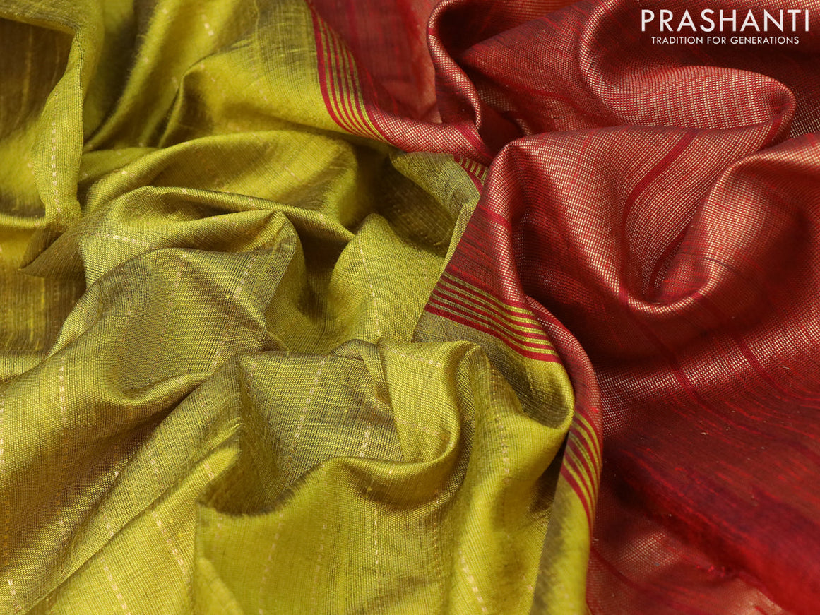 Dupion silk saree lime yellow and maroon with allover zari weaves and temple design zari woven simple border