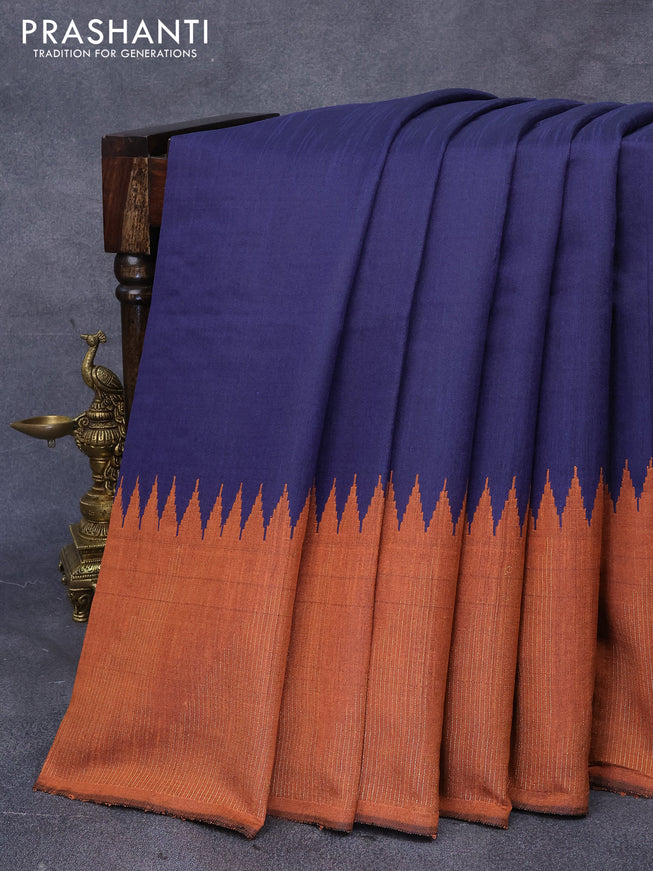 Dupion silk saree dark blue and orange with plain body and temple design zari woven border