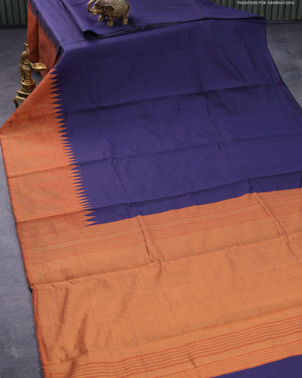 Dupion silk saree dark blue and orange with plain body and temple design zari woven border