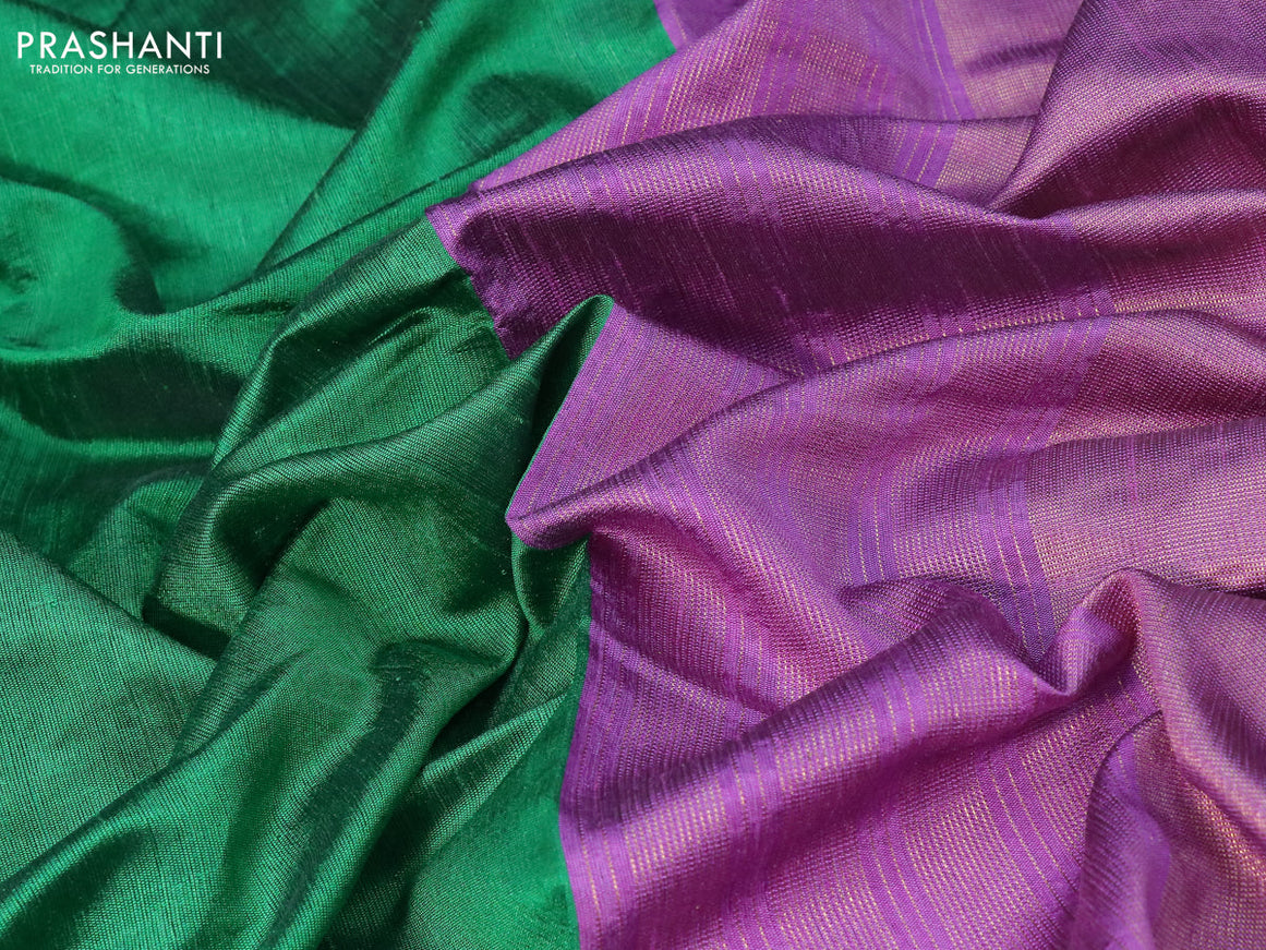 Dupion silk saree green and mild purple with plain body and temple design zari woven border