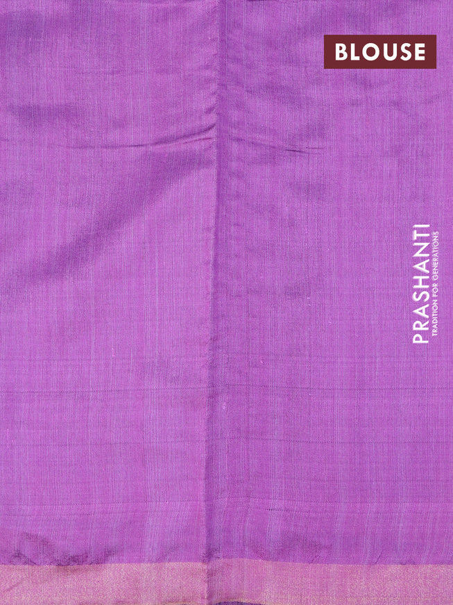 Dupion silk saree green and mild purple with plain body and temple design zari woven border