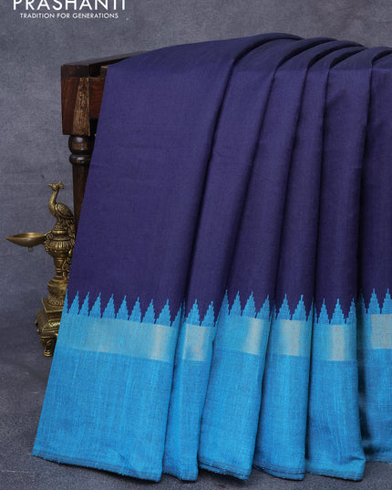 Dupion silk saree dark blue and teal blue with plain body and temple design zari woven simple border