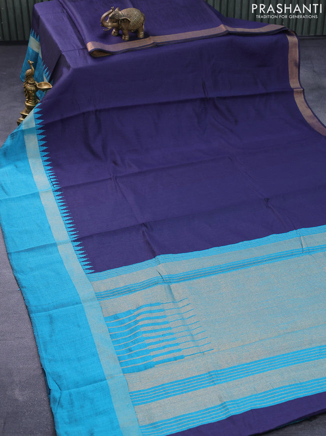 Dupion silk saree dark blue and teal blue with plain body and temple design zari woven simple border