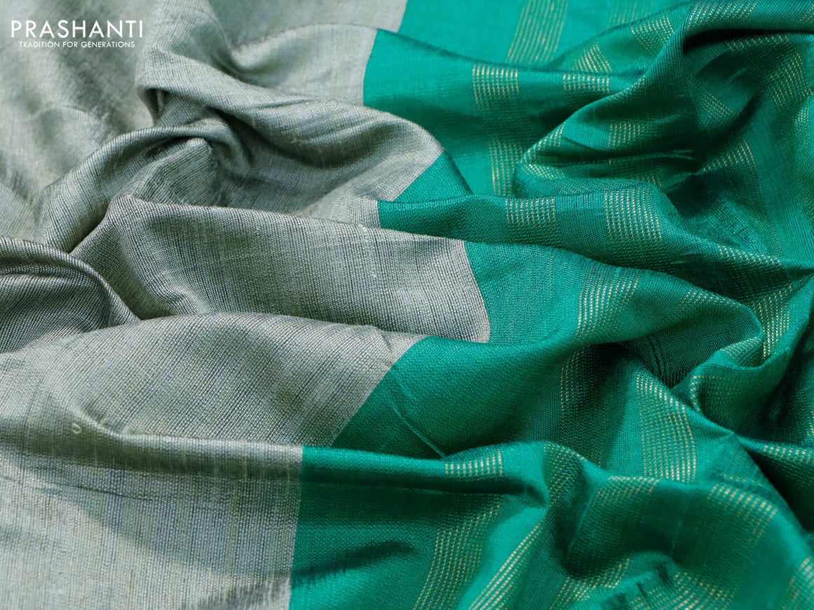 Dupion silk saree mild pista green and green with plain body and temple design zari woven simple border