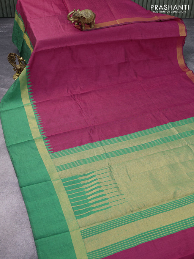Dupion silk saree magenta pink and green with plain body and temple design zari woven simple border