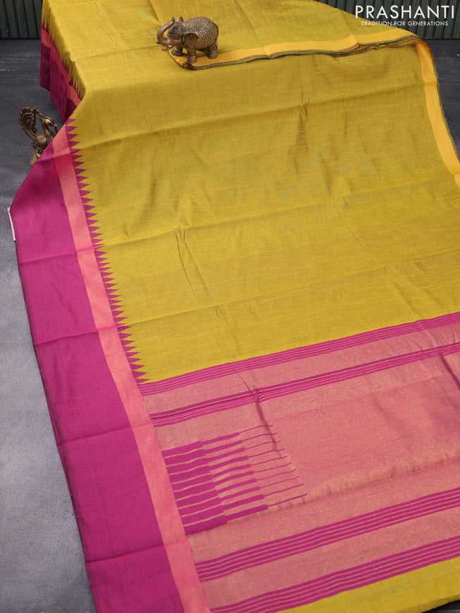 Dupion silk saree lime yellow and magenta pink with plain body and temple design zari woven simple border