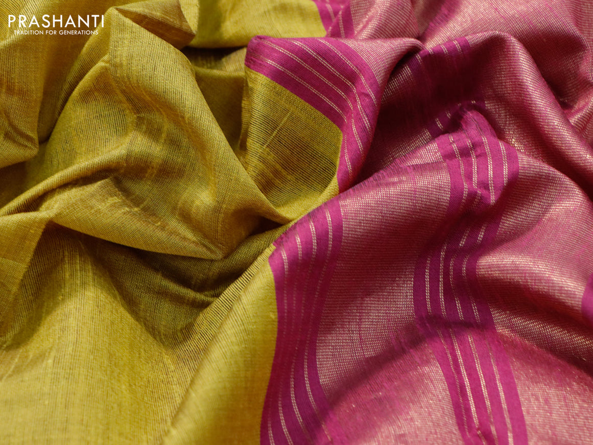 Dupion silk saree lime yellow and magenta pink with plain body and temple design zari woven simple border