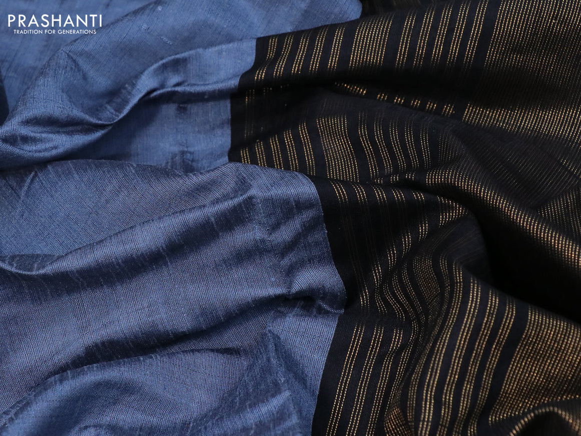 Dupion silk saree grey shade and black with plain body and temple design zari woven border