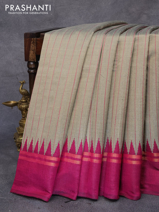 Dupion silk saree beige and magenta pink with allover thread weaves and temple design zari woven simple border