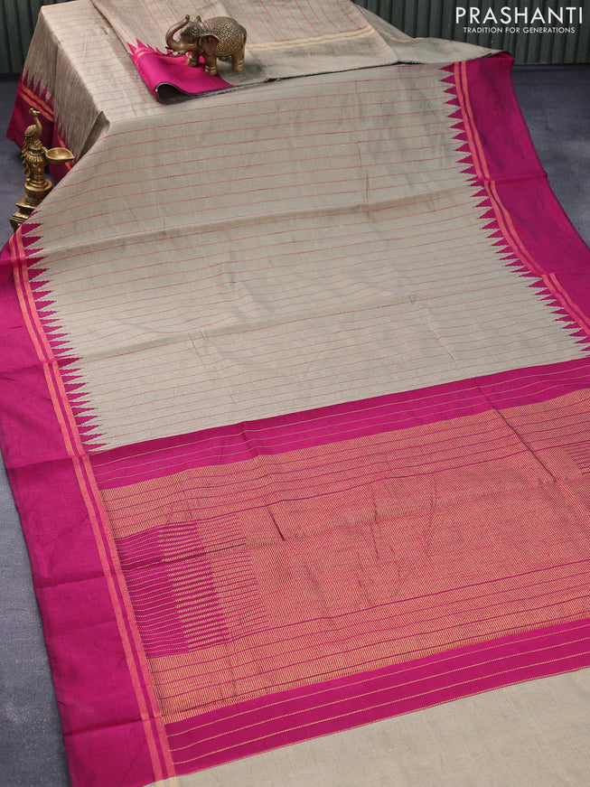 Dupion silk saree beige and magenta pink with allover thread weaves and temple design zari woven simple border