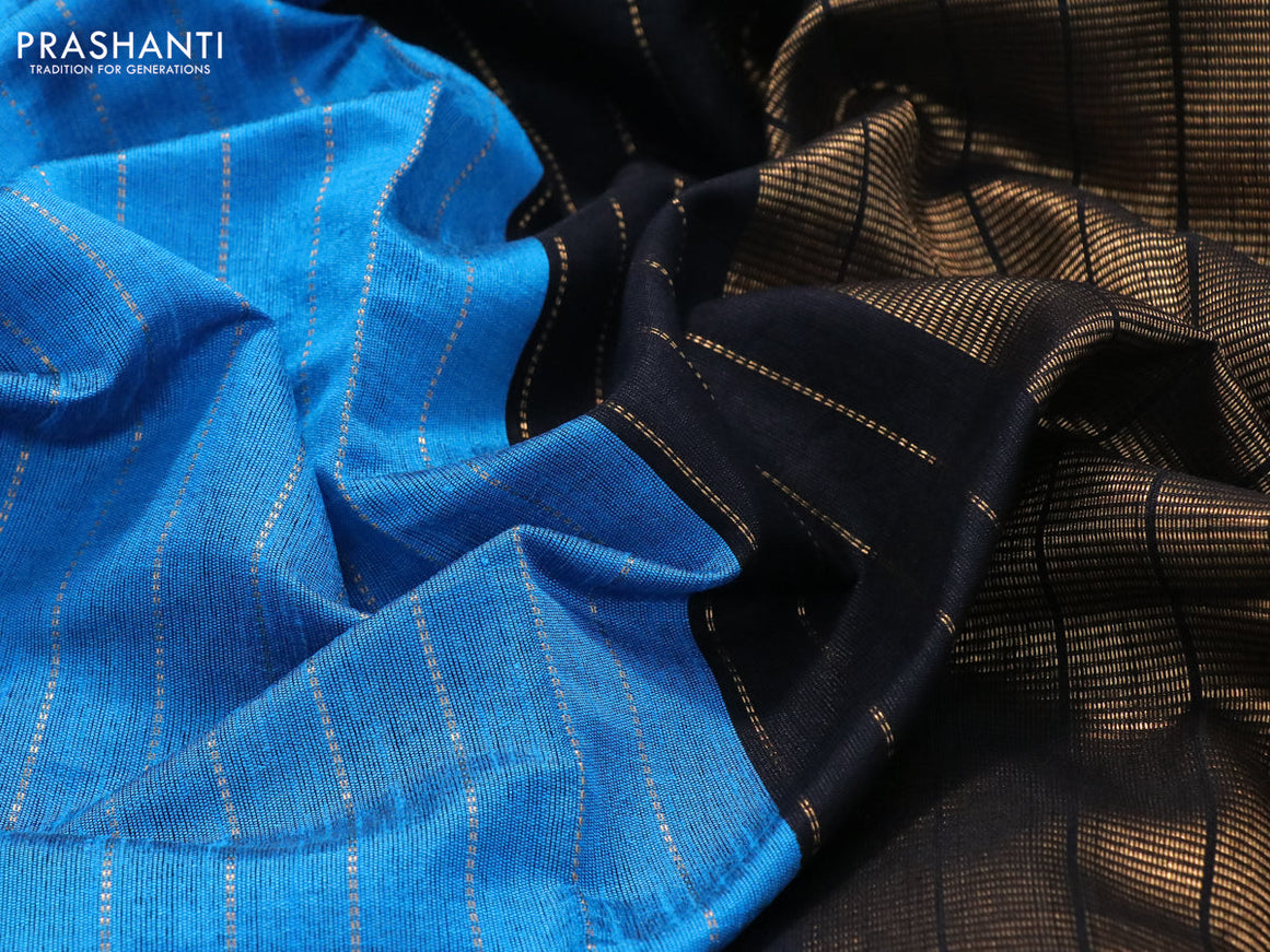 Dupion silk saree cs blue and black with allover zari weaves and temple design zari woven simple border