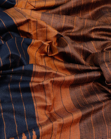 Dupion silk saree black and dark mustard with allover zari weaves and temple design zari woven simple border