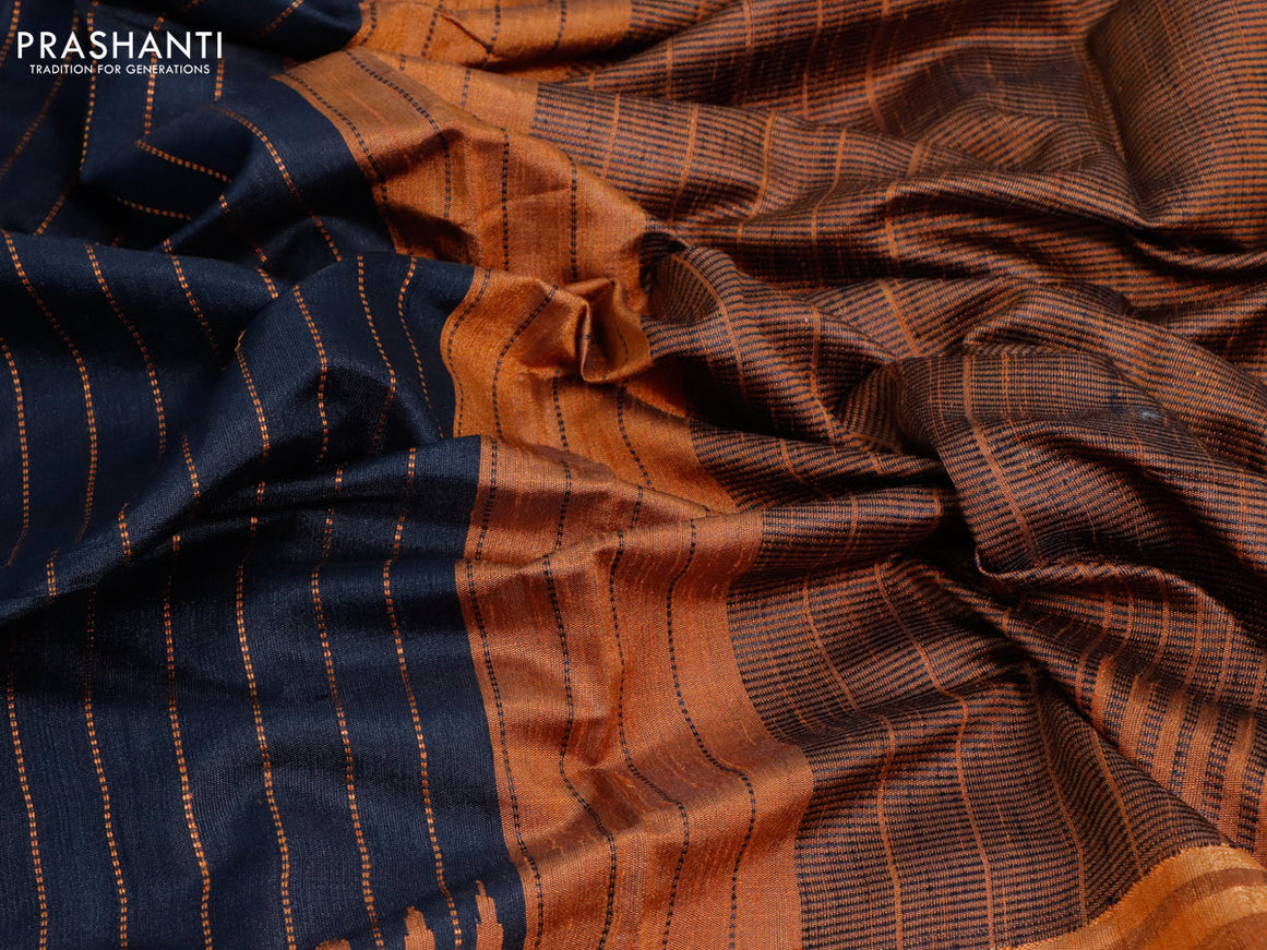 Dupion silk saree black and dark mustard with allover zari weaves and temple design zari woven simple border