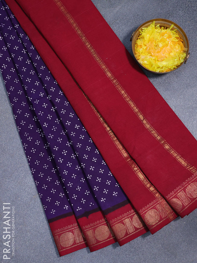 Sungudi cotton saree violet and maroon with allover bandhani prints and rudhraksha zari woven border without blouse