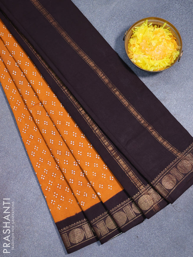 Sungudi cotton saree mustard yellow and deep coffee brown with butta prints and rudhraksha zari woven border without blouse