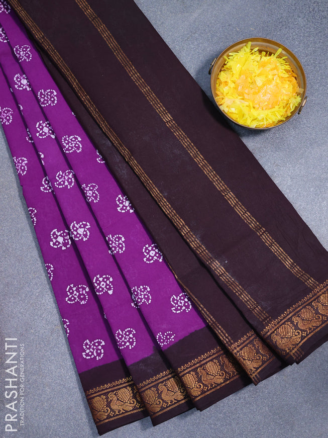 Sungudi cotton saree purple and coffee brown with butta prints and annam zari woven border without blouse