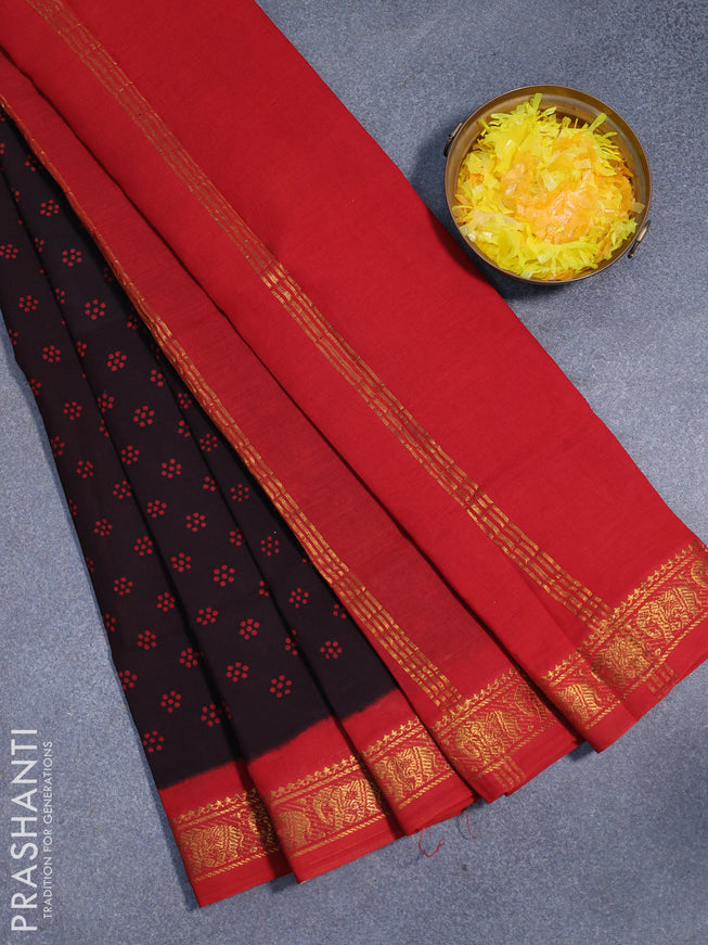 Sungudi cotton saree deep coffee brown and red with allover butta prints and elephant zari woven border without blouse