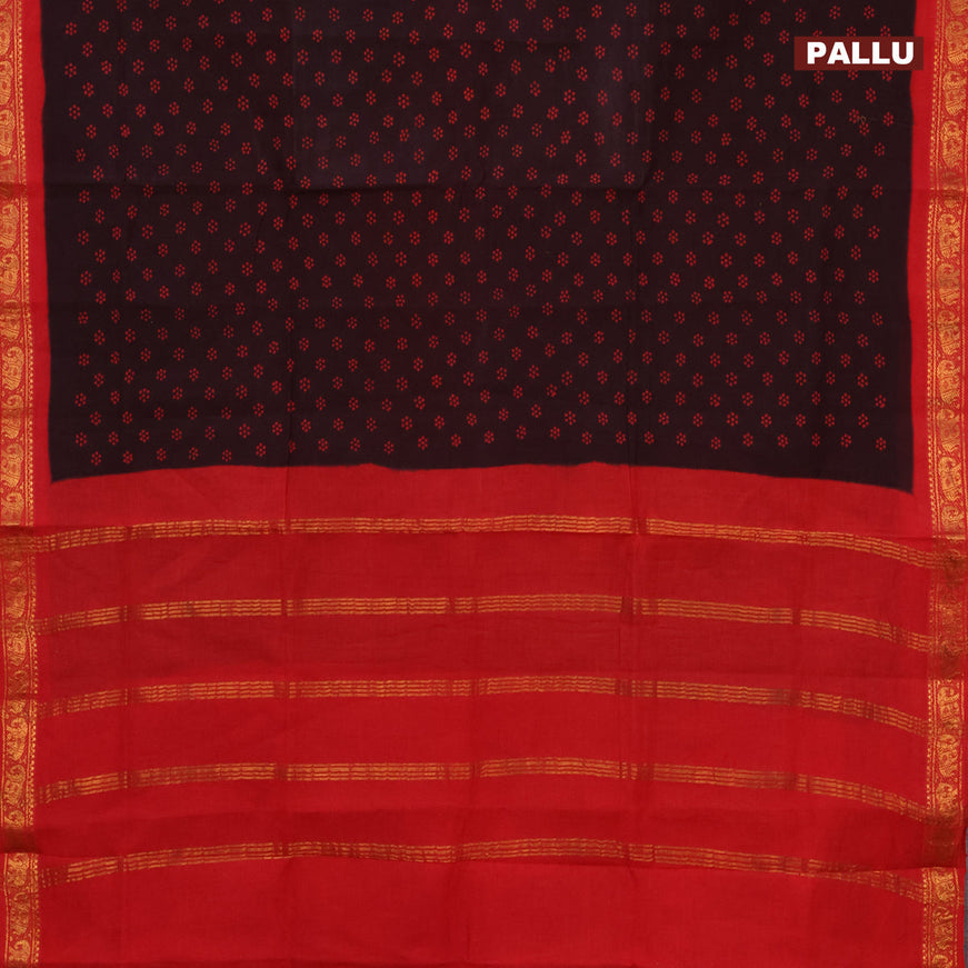 Sungudi cotton saree deep coffee brown and red with allover butta prints and elephant zari woven border without blouse