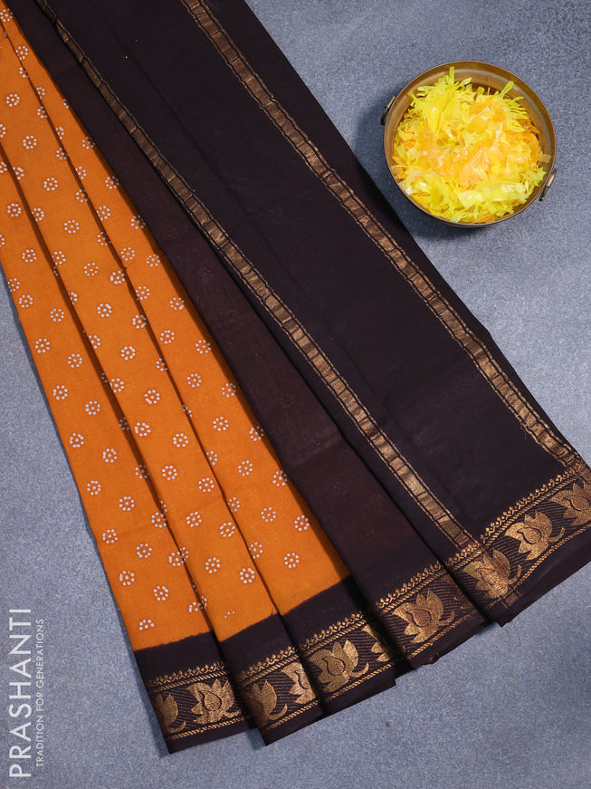 Sungudi cotton saree mustard shade and deep coffee brown with allover butta prints and annam zari woven border without blouse