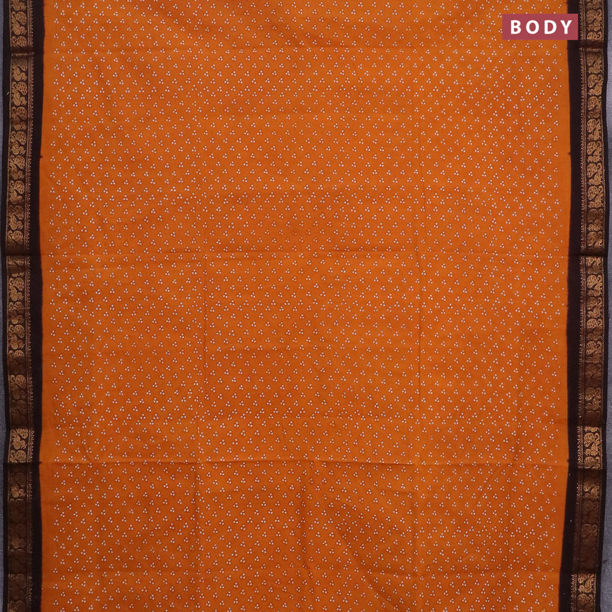 Sungudi cotton saree mustard shade and coffee brown with allover polka dots prints and annam zari woven border without blouse