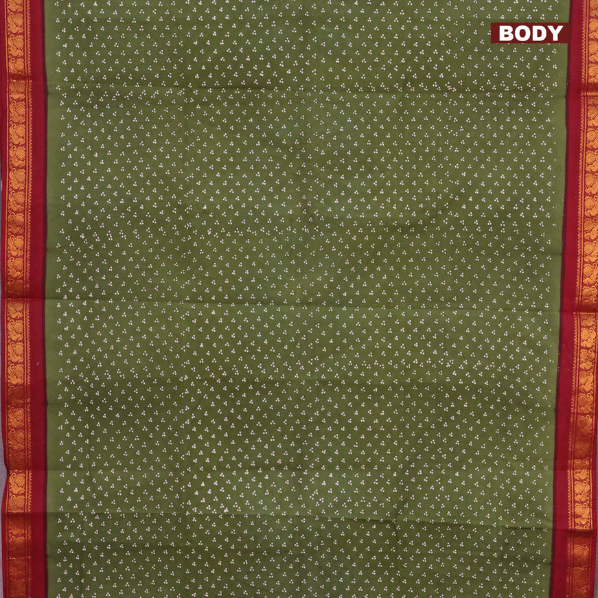 Sungudi cotton saree sap green and maroon with allover polka dots prints and annam zari woven border without blouse