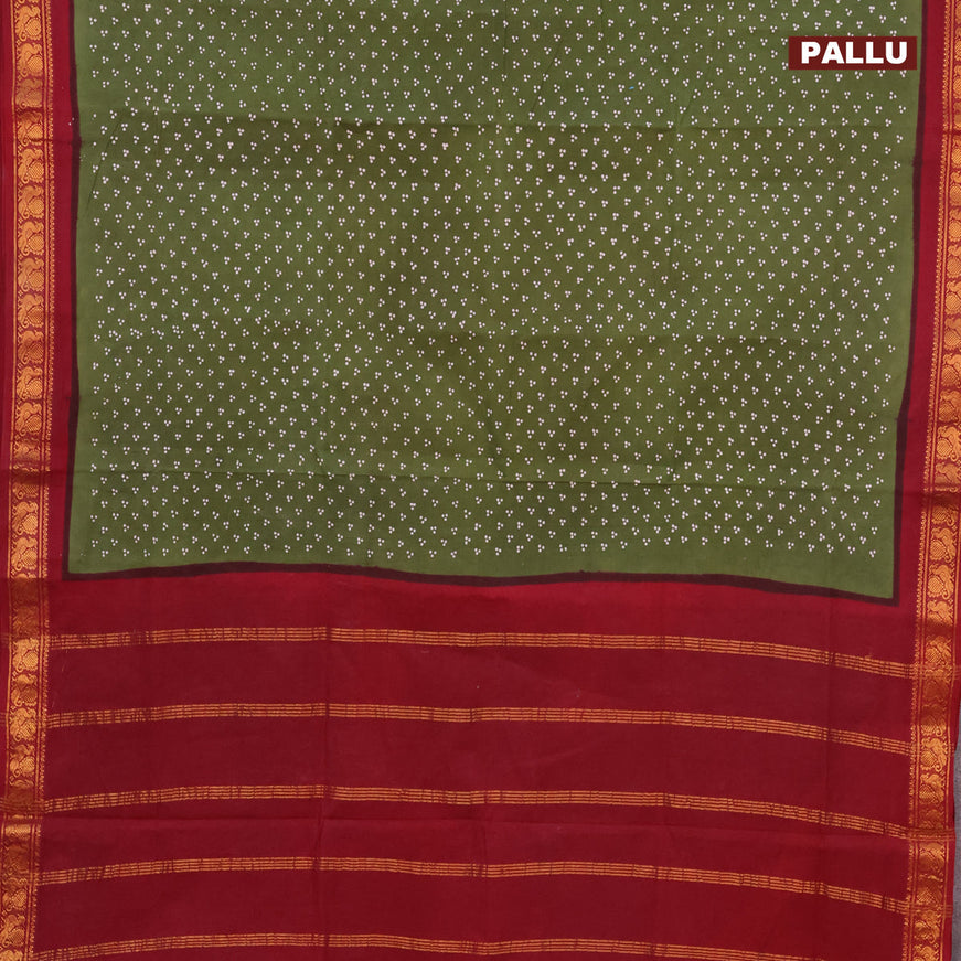 Sungudi cotton saree sap green and maroon with allover polka dots prints and annam zari woven border without blouse