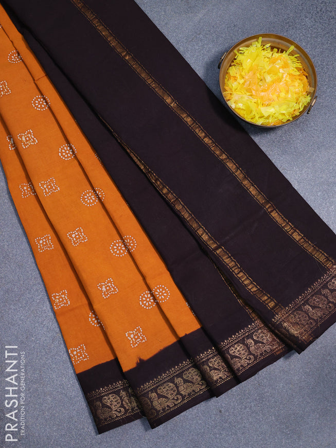 Sungudi cotton saree mustard shade and deep jamun shade with allover butta prints and annam zari woven border without blouse